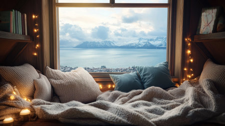 Cozy nook with a large window, blankets, and a view of the oceanの素材
