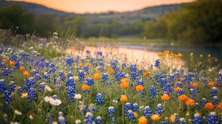 A meadow filled with blooming bluebonnets, creating a striking and colorful floral backdropの素材