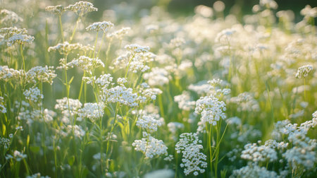 A meadow filled with blooming yarrow, creating a natural and vibrant floral backdropの素材