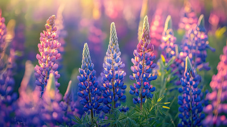 A field of blooming lupines, creating a striking and colorful floral backdropの素材