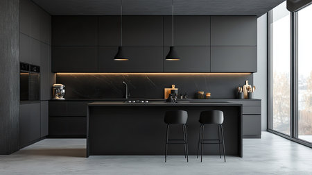 Modern kitchen with a monochromatic color scheme and sleek finishesの素材