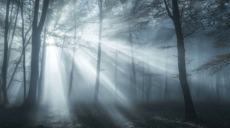 Misty forest with rays of sunlight piercing through the fogの素材