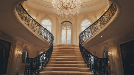 Grand staircase in a luxury home with intricate railing and chandelier aboveの素材