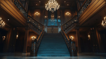 Grand staircase in a luxury home with intricate railing and chandelier aboveの素材