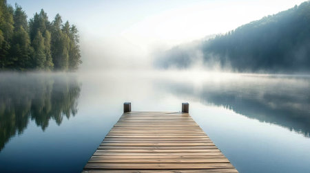 Peaceful lake with a wooden dock and mist rising from the waterの素材