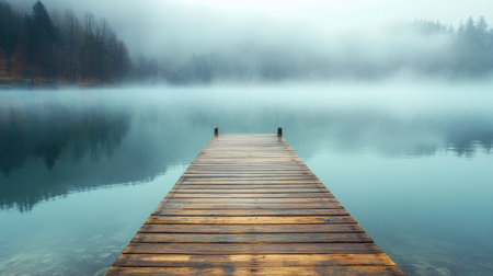 Peaceful lake with a wooden dock and mist rising from the waterの素材
