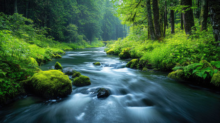 Serene river flowing through a lush green forest, perfect for nature loversの素材