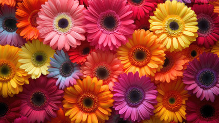 Vibrant gerbera daisies in various colors, creating a cheerful and bright floral backgroundの素材