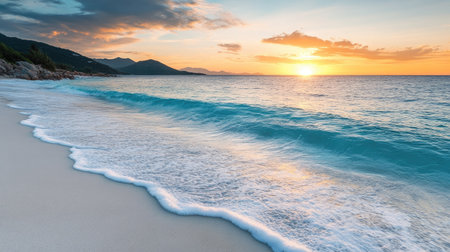 Serene beach with turquoise waters and white sand at sunriseの素材