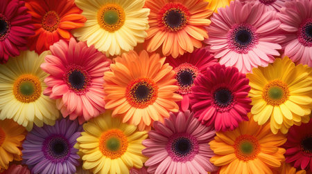 Vibrant gerbera daisies in various colors, creating a cheerful and bright floral backgroundの素材