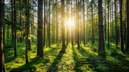 Sunlight filtering through the forest trees, highlighting terrestrial plants, wood, and grass. Peaceful natural sceneryの素材
