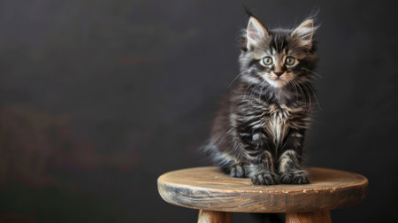 Black tabby blotched Maine Coon kitten sitting upright on a brown stool, looking at camera with a playful gazeの素材
