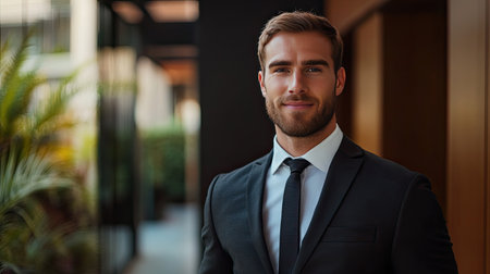 Positive and successful Caucasian business man in a suit, featured in a panoramic portrait, conveying professionalism and confidence for SEO useの素材