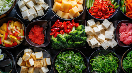 Array of colorful vegetables, tofu, and seafood prepared for a Shabushi mealの素材
