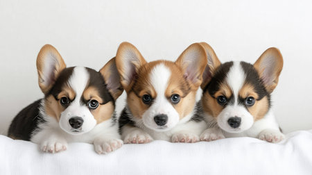 Adorable Welsh Corgi Cardigan puppies on a white background, showcasing their fluffy cuteness with ample copy space for text.の素材