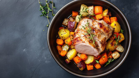 Flat lay of a bowl containing roast pork and vegetables on a dark grey kitchen table, offering a savory meal with plenty of space for copy or brandingの素材