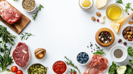 Flat lay of assorted keto-friendly products on a white background, featuring ample space for text, ideal for diet and health ads. -の素材