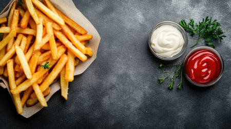 Flat lay of crispy French fries with ketchup and mayonnaise on a dark grey table, featuring a tasty snack with ample space for adding text or brandingの素材