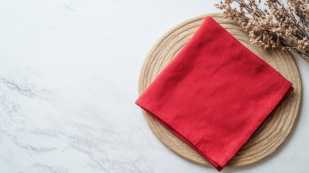 Flat lay of a bright red kitchen napkin on a blank table surface, emphasizing a clean and vibrant look with space for customizationの素材