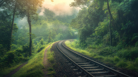 Captivating train line running through a vibrant jungle, creating a beautiful natural sceneの素材