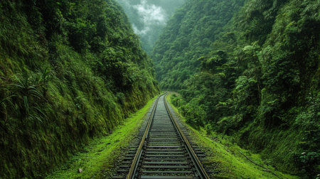 Enchanting train tracks cutting through a lush jungle, with greenery enveloping the scenic routeの素材