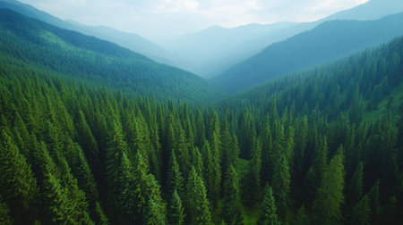 Aerial view of lush green pine forest covering mountain hills with dense, dark spruce trees creating a scenic landscapeの素材