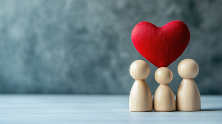 A concept of family, relationship, and love with wooden dolls and a red heart shape, set against a clean background with copy spaceの素材