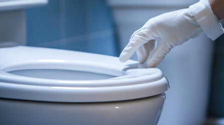 Close-up of a hand in a glove meticulously cleaning a rimless toilet bowl, emphasizing cleanliness and hygiene in the bathroomの素材