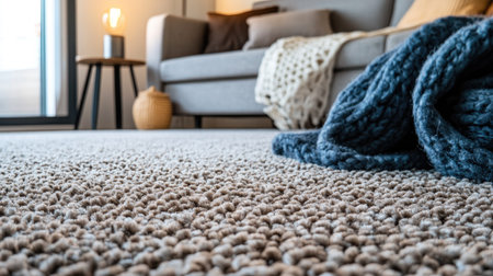 Detailed view of a soft carpet with a sofa bed in the background, highlighting the texture and cozy setting of the roomの素材