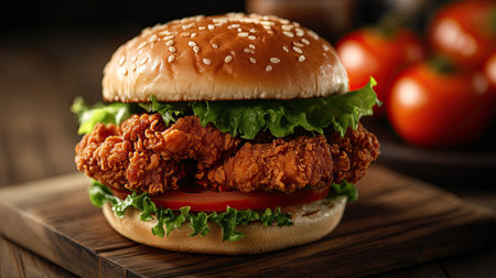 Detailed view of a sesame seed bun burger featuring crispy fried chicken, fresh lettuce, and juicy tomato slicesの素材