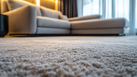 Close-up of a luxurious carpet with a sofa bed in the blurred background, showcasing the comfort and design of the living areaの素材