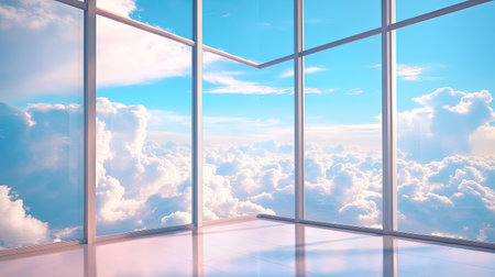 Outdoor sky and cloudscape seen through floor-to-ceiling windows, framing a tranquil and expansive view from insideの素材