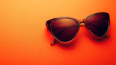 Stylish sunglasses on a bold orange background, close-up with selective focus to highlight the design and details of the framesの素材