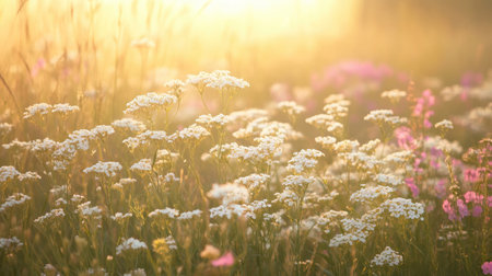 A meadow filled with blooming yarrow, creating a natural and vibrant floral backdropの素材