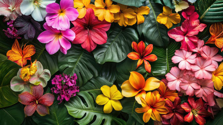 A beautiful arrangement of tropical flowers, creating an exotic and colorful backgroundの素材