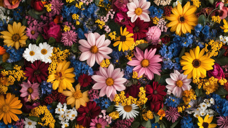 A mix of wildflowers in different hues, creating a natural and lively floral backgroundの素材