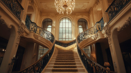 Grand staircase in a luxury home with intricate railing and chandelier aboveの素材