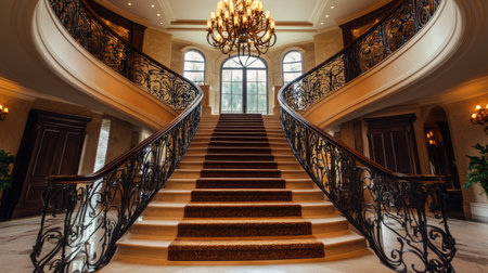 Grand staircase in a luxury home with intricate railing and chandelier aboveの素材