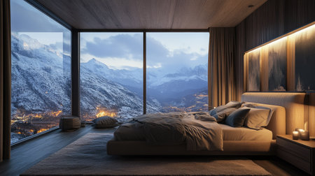 Cozy bedroom with a large window, comfortable bedding, and a view of the mountainsの素材