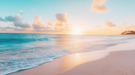 Serene beach with turquoise waters and white sand at sunriseの素材