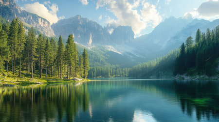 Breathtaking view of a pristine lake surrounded by towering pine trees and mountainsの素材