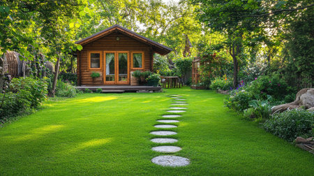Beautiful green lawn with stepping stones leading to a cozy garden shedの素材