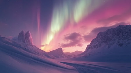 Aurora borealis creating a magical scene over a snow-covered valleyの素材