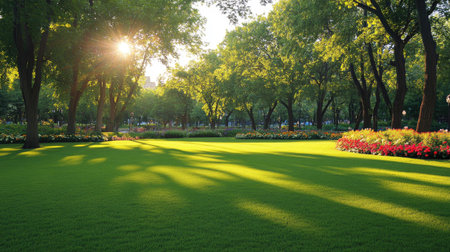 Expansive green lawn in a public park, dotted with trees and flower bedsの素材