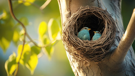Birds nesting in a tree, showcasing natural habitats for wildlifeの素材