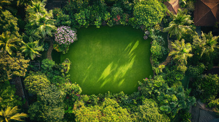 Aerial view of a large green lawn surrounded by lush gardens and treesの素材