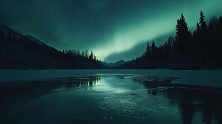 Breathtaking northern lights reflecting on a serene, frozen lakeの素材
