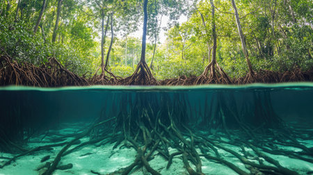 Dense mangrove forest with roots submerged in water, crucial for coastal ecosystemsの素材