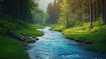 Clean, blue river flowing through a green, forested area, promoting clean water sourcesの素材
