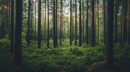 Dense pine forest with tall, straight trees and a lush undergrowthの素材